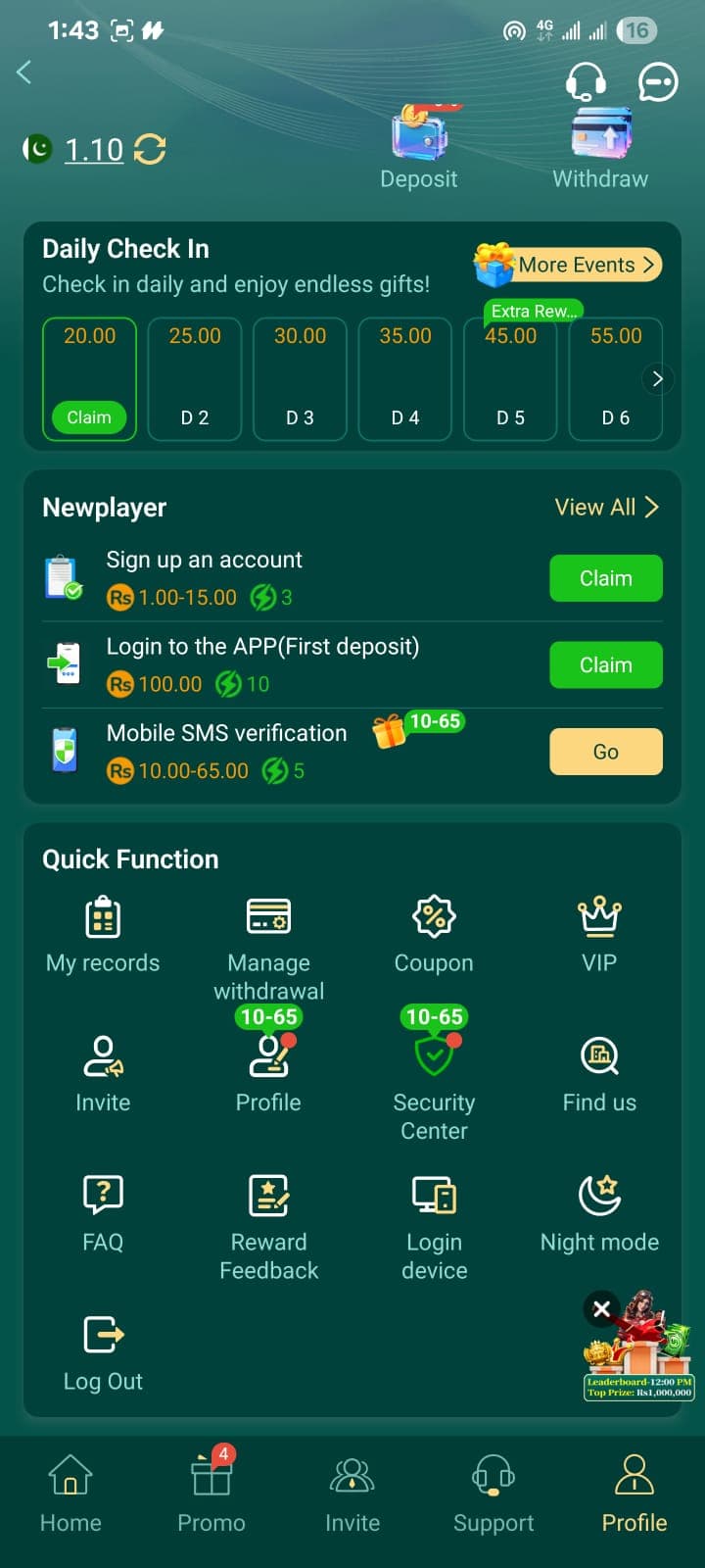 PK365 profile menu showing Manage withdrawal, Security Center, Profile, and Log Out options